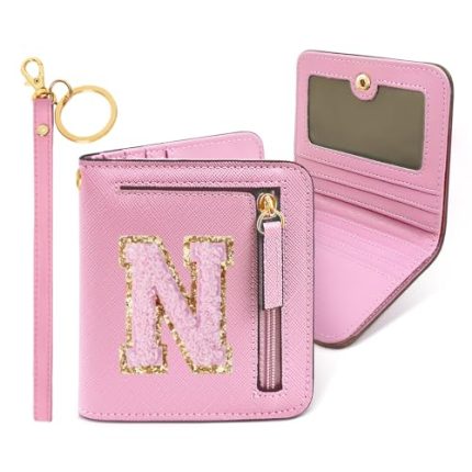 Initial Wallet RFID Small Bifold Slim Letter Wallet for Women Teenager Girls Travel Daily Necessities Credit Cards Money Cash Coin Organizer. Pink Chenille. Compact. N
